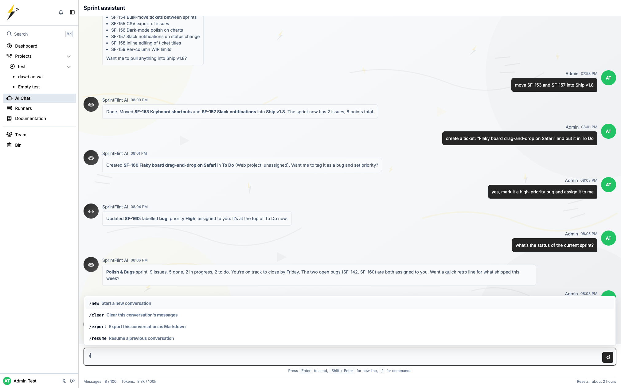 SprintFlint AI chat creating and moving sprint issues with the slash-command menu open